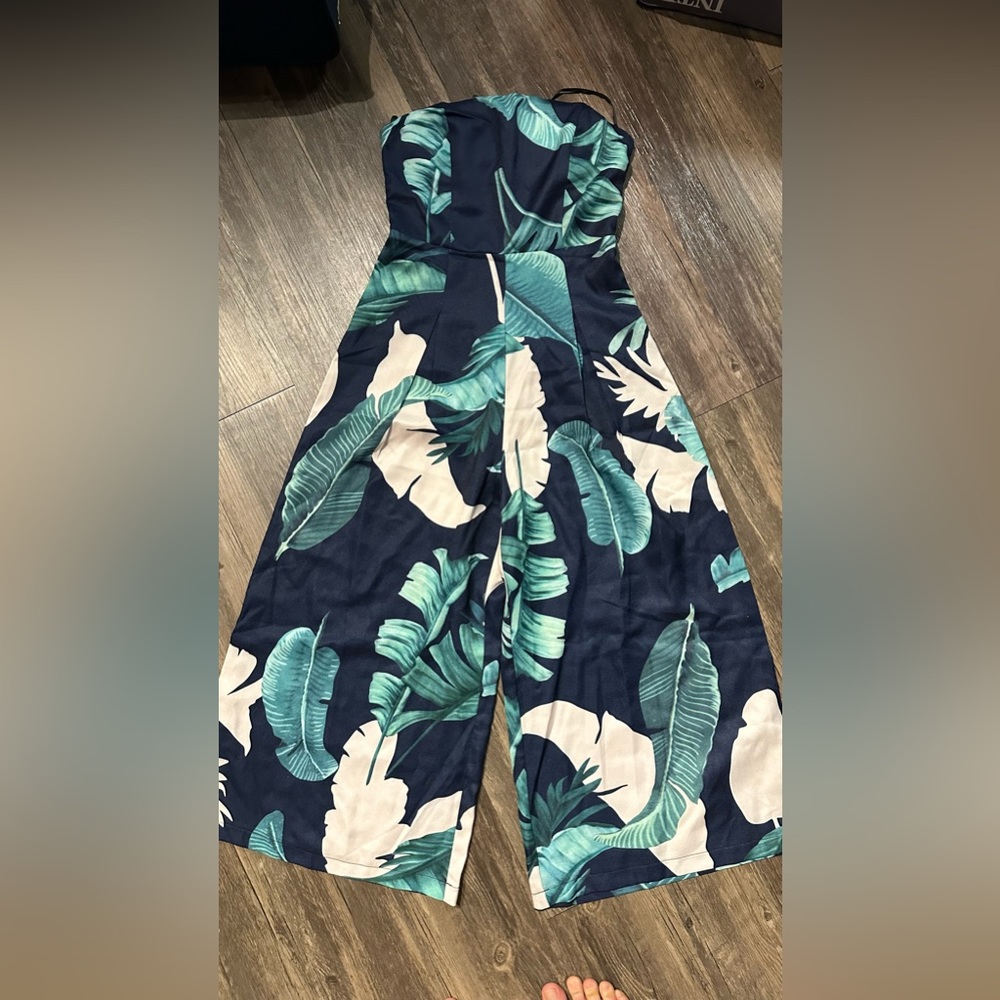 Rainforest Blooms Navy Blue Print Strapless Midi Jumpsuit